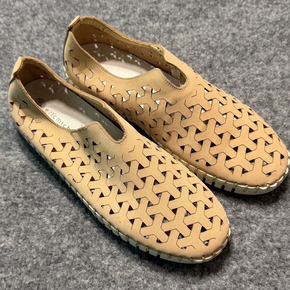 ERIC MICHAEL Tan Leather Laser Cut Slip On Shoes Made in Italy Size 39
